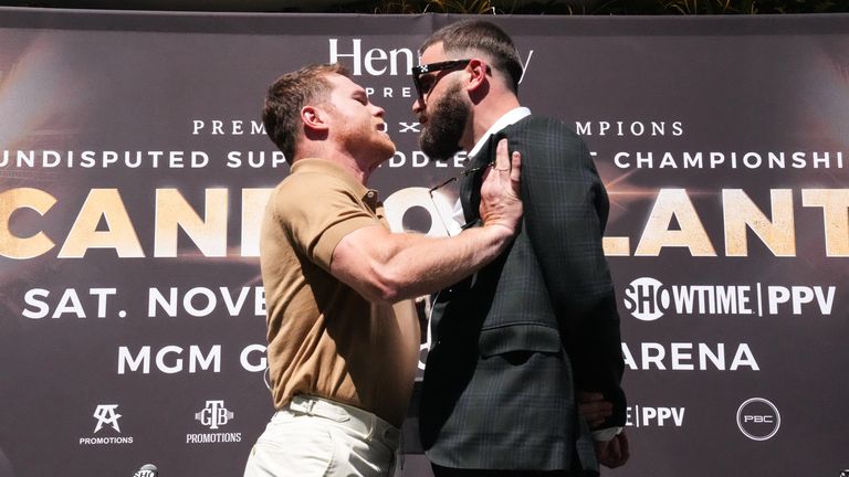 Saul &#39;Canelo&#39; Alvarez and Caleb Plant throw punches during face-off before undisputed championship fight | Boxing News | Sky Sports