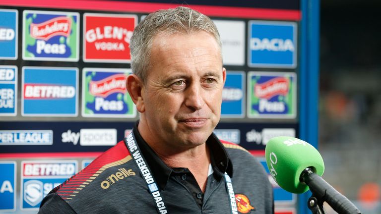 Picture by Ed Sykes/SWpix.com - 04/09/2021 - Rugby League - Dacia Magic Weekend 2021 - St Helens v Catalan Dragons - St. James's Park, Newcastle, England - Catalans Dragons head coach Steve McNamara is interviewed at half time and ahead of their match