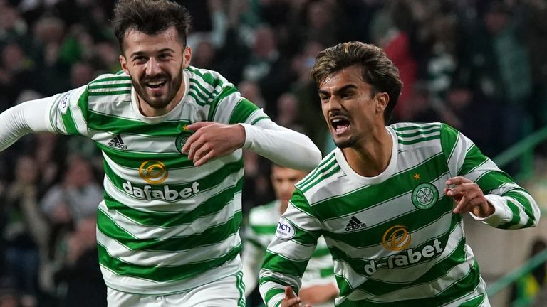 Celtic's Jota (right) celebrates with Albian Ajeti after scoring their side's first goal of the game during the Premier Sports Cup match at Celtic Park