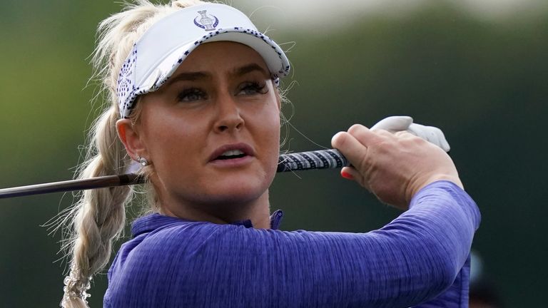Europe's Charley Hull watches her tee shot on the ninth hole during the foursome matches at the Solheim Cup golf tournament, Saturday, Sept. 4, 2021, in Toledo, Ohio. (AP Photo/Carlos Osorio).