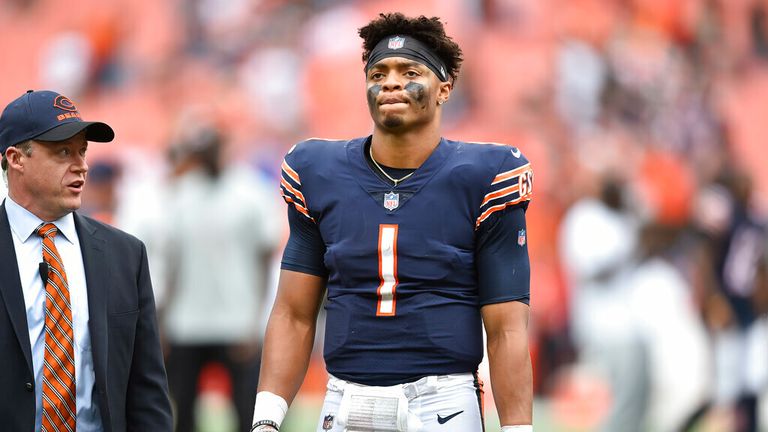 Chicago Bears quarterback Justin Fields (1) walks off the field after the Cleveland Browns defeated the Bears in an NFL football game, Sunday, Sept. 26, 2021, in Cleveland. (AP Photo/David Richard)