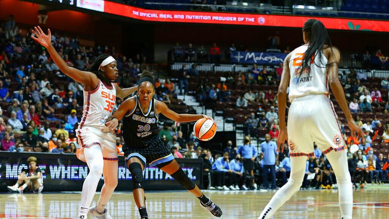 Chicago Sky forward/center Azurá Stevens (30) defended by Connecticut Sun forward Jonquel Jones (35) during game 1 of the WNBA semifinal between Chicago Sky and Connecticut Sun on September 28, 2021, at Mohegan Sun Arena in Uncasville, CT. (Photo by M. Anthony Nesmith/Icon Sportswire) (Icon Sportswire via AP Images)