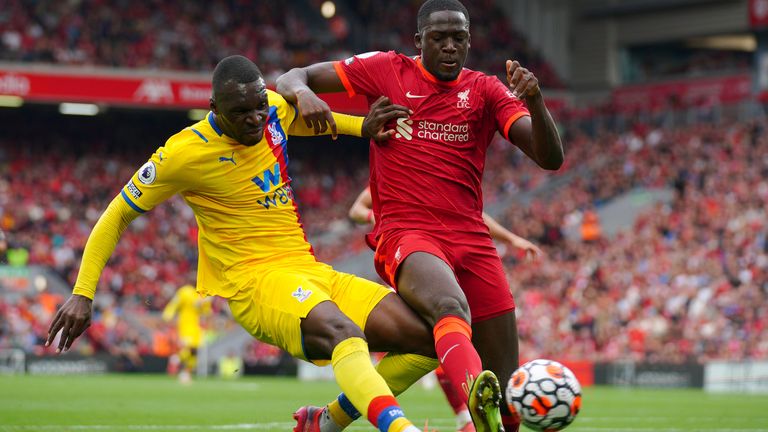Crystal Palace's Christian Benteke and Liverpool's Ibrahima Konate battle for the ball