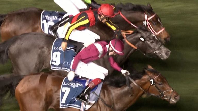 Chrono Genesis (centre, red cap) is beaten in the Dubai Sheema Classic by Mishriff