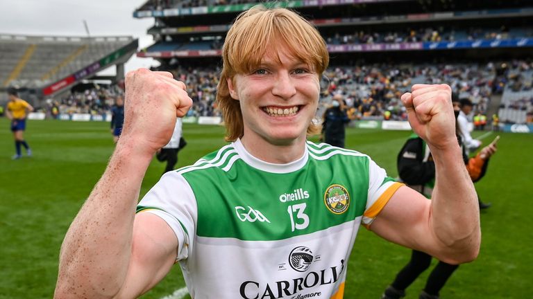 15 August 2021; Cormac Egan of Offaly celebrates following the 2021 Eirgrid GAA Football All-Ireland U20 Championship Final match between Roscommon and Offaly at Croke Park in Dublin. Photo by Stephen McCarthy/Sportsfile