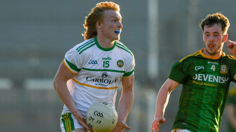 30 June 2021; Cormac Egan of Offaly in action against Ben Donnelly of Meath during the Electric Ireland Leinster GAA Football Minor Championship Final match between Meath and Offaly at TEG Cusack Park in Mullingar, Westmeath. Photo by Matt Browne/Sportsfile