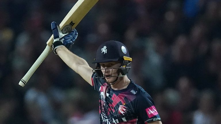 Jordan Cox raises his bat following his quickfire half-century for Kent Spitfires at Edgbaston