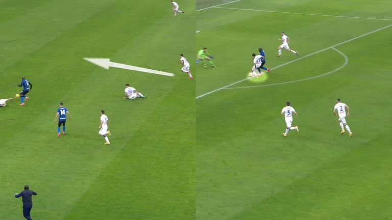 Lukaku robbing Rafael Toloi put him clean through on the Atalanta goal (left) but by the time he reached the penalty area, Cristian Romero caught him up and tackled him (right)