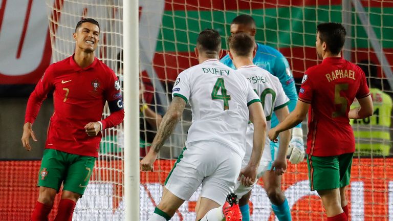 Cristiano Ronaldo reacts after missing a penalty for Portugal vs Republic of Ireland