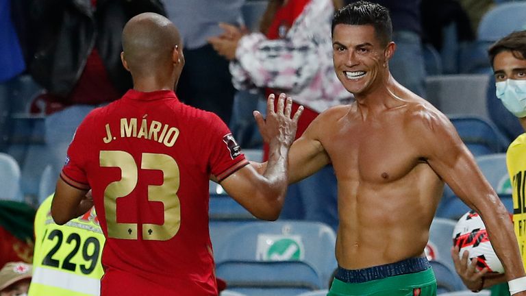 Cristiano Ronaldo celebrates scoring his second goal for Portugal vs Republic of Ireland