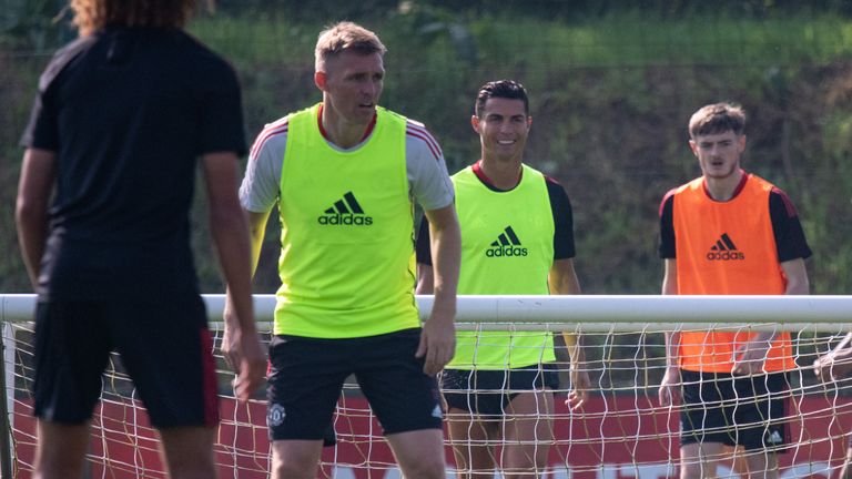 Cristiano Ronaldo during his first training session back with Manchester United