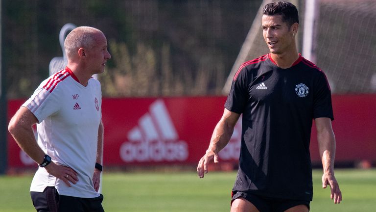 Cristiano Ronaldo during his first training session back with Manchester United