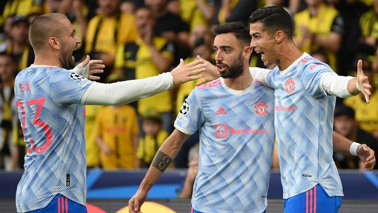 Cristiano Ronaldo celebrates after giving Manchester United the lead against Young Boys