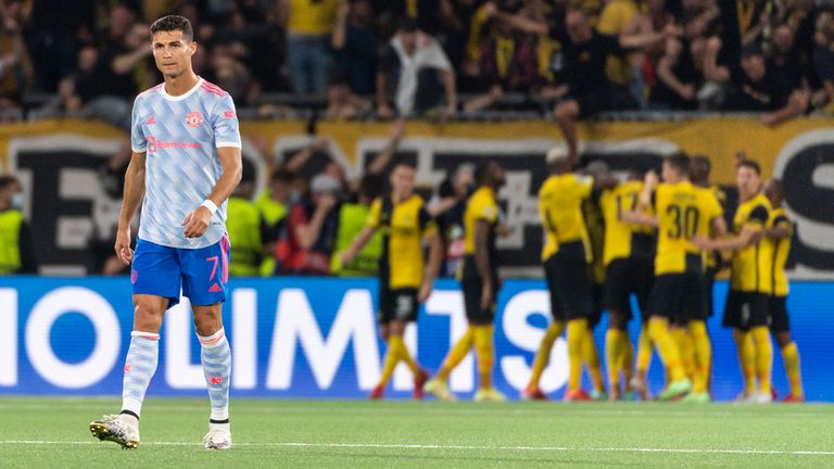 Manchester United's Cristiano Ronaldo, left, looks dejected after Young Boys scored