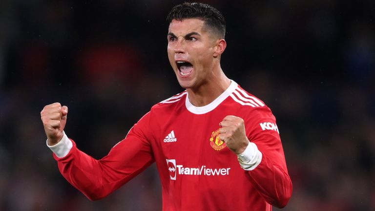 MANCHESTER, ENGLAND - SEPTEMBER 29: Cristiano Ronaldo of Manchester United celebrates their side's victory after the UEFA Champions League group F match between Manchester United and Villarreal CF at Old Trafford on September 29, 2021 in Manchester, England. (Photo by Laurence Griffiths/Getty Images)