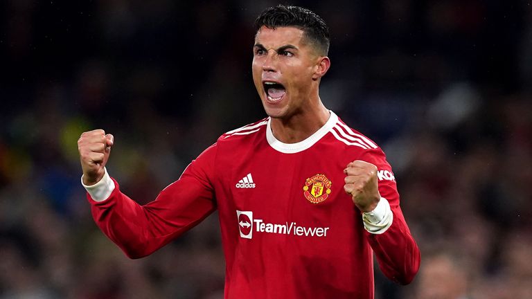 Pemain Manchester United Cristiano Ronaldo merayakan setelah peluit akhir pertandingan Liga Champions UEFA Grup F di Old Trafford, Manchester.  Tanggal gambar: Rabu 29 September 2021