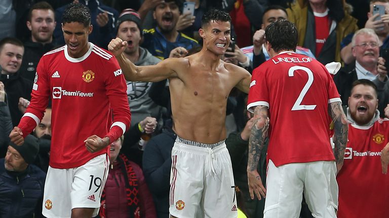 Cristiano Ronaldo celebrates after scoring Manchester United's winner against Villarreal