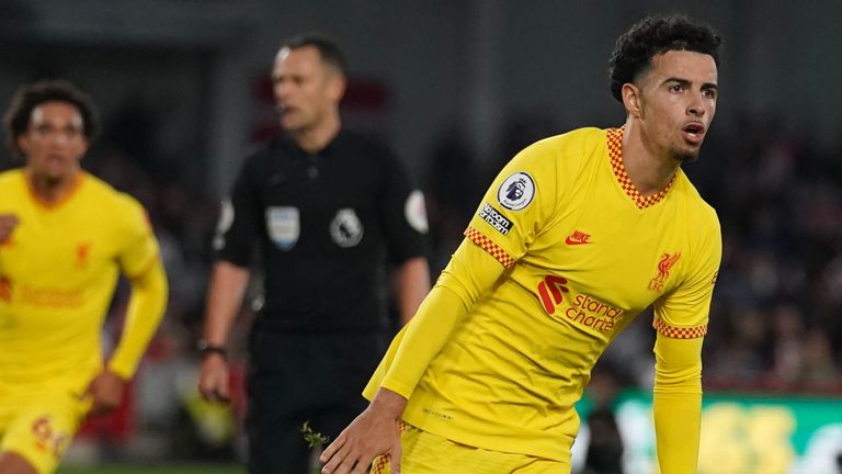 Curtis Jones celebrates after his long-range strike puts Liverpool 3-2 ahead