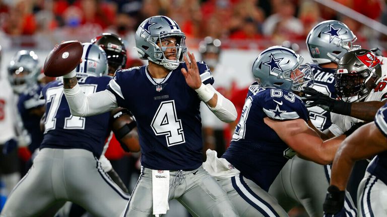 Dallas Cowboys quarterback Dak Prescott (4) throws a pass against the Tampa Bay Buccaneers during the first half of an NFL football game Thursday, Sept. 9, 2021, in Tampa, Fla. (AP Photo/Scott Audette)
