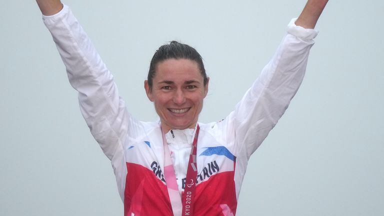 Great Britain's Sarah Storey celebrates winning the gold medal in the Women's C4-5 Road Race at the Fuji International Speedway during day nine of the Tokyo 2020 Paralympic Games in Japan.