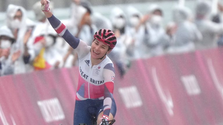 Great Britain's Dame Sarah Storey celebrates winning the Paralympics gold medal in the women's C4-5 road race 