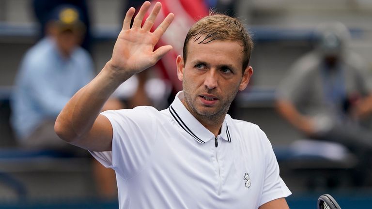 Dan Evans, of Great Britain, reacts after defeating Marcos Giron, of the United States, in the second round of the US Open tennis championships, Wednesday, Sept. 1, 2021, in New York. (AP Photo/John Minchillo)