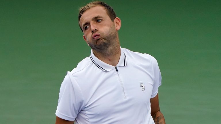 Dan Evans, of Great Britain, reacts after losing a point to Marcos Giron, of the United States, during the second round of the US Open tennis championships, Wednesday, Sept. 1, 2021, in New York. (AP Photo/John Minchillo)