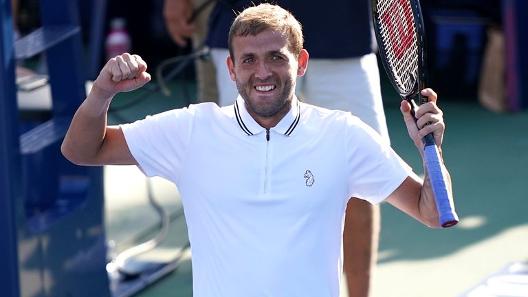 Dan Evans reacts to winning a Men's Singles match at the 2021 US Open, Friday, Sep. 3, 2021 in Flushing, NY. (Manuela Davies/USTA via AP)