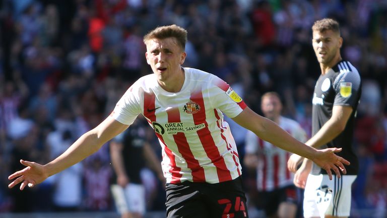  Dan Neil of Sunderland celebrates after scoring during the Sky Bet League 1 match between Sunderland and Accrington Stanley at the Stadium Of Light, Sunderland on Saturday 11th September 2021.  (Photo by Will Matthews/MI News/NurPhoto)