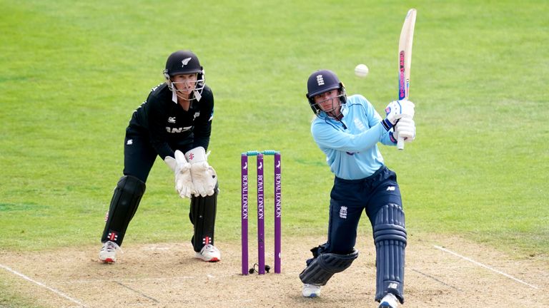 Danni Wyatt hits out on her way to an unbeaten half-century on her 200th England appearance, in the second ODI against New Zealand