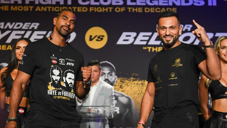 David Haye (L) and Joe Fournier pose during a press conference ahead of their fight on September 11 at The Harbor Beach Marriott on September 9, 2021 in Fort Lauderdale, Florida. (Photo by Eric Espada/Getty Images)