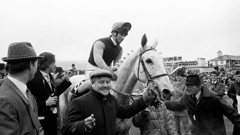 Desert Orchid is led back into the Cheltenham winner&#39;s enclosure after victory in the 1989 Gold Cup