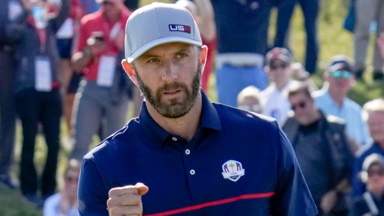 Team USA's Dustin Johnson reacts after winning the 11th hole during a four-ball match the Ryder Cup at the Whistling Straits Golf Course Friday, Sept. 24, 2021, in Sheboygan, Wis. (AP Photo/Ashley Landis)