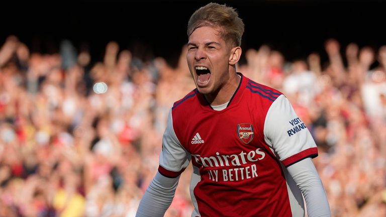 Arsenal's Emile Smith Rowe celebrates after scoring his side's opening goal (AP)