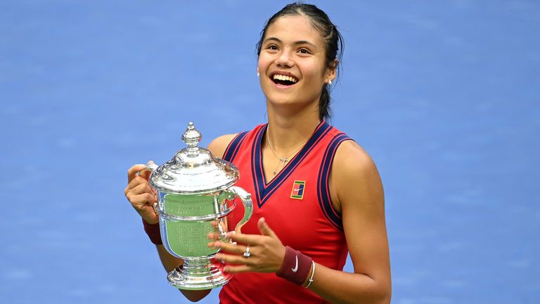 US Open Women&#39;s Singles Champion Emma Raducanu holds the trophy at the 2021 US Open, Saturday, Sep. 11, 2021 in Flushing, NY. (Andrew Ong/USTA via AP)
