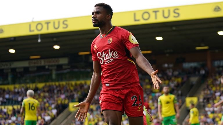 Watford's Emmanuel Dennis celebrates scoring the opening goal 