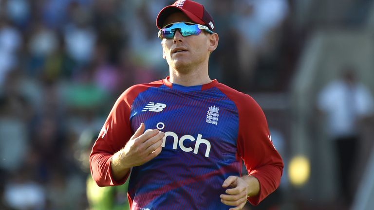 England captain Eoin Morgan during the third T20 international cricket match between England and Pakistan at Old Trafford cricket ground in Manchester, England, Tuesday, July 20, 2021. (AP Photo/Rui Vieira)..