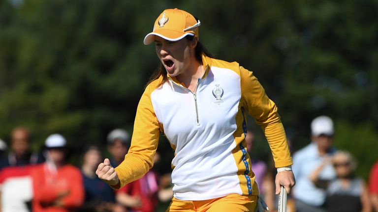 Europe&#39;s Leona Maguire celebrates after a putt on the 14th hole during the foursome matches at the Solheim Cup