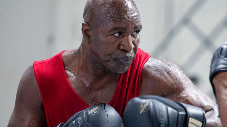 Former heavyweight boxing champion Evander Holyfield trains for an upcoming exhibition fight at The Heavyweight Factory on Friday, April 30, 2021 in Fort Lauderdale, Florida. (Alex Menendez via AP)
