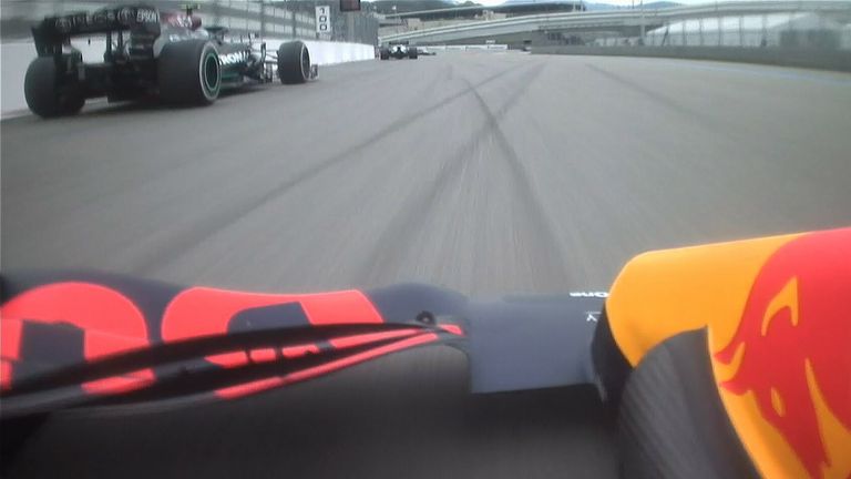 Verstappen dives down the inside of an unsuspecting Bottas.