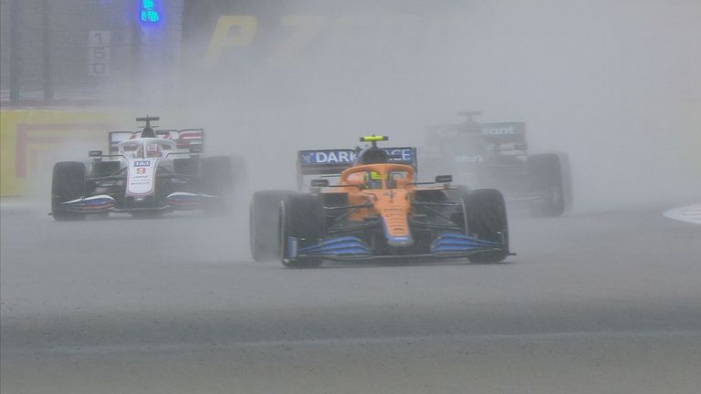 Lando Norris led most of the race but spins off in the rain in closing stages