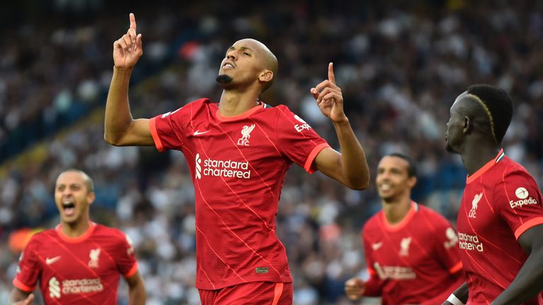 Liverpool's Fabinho celebrates after scoring against Leeds