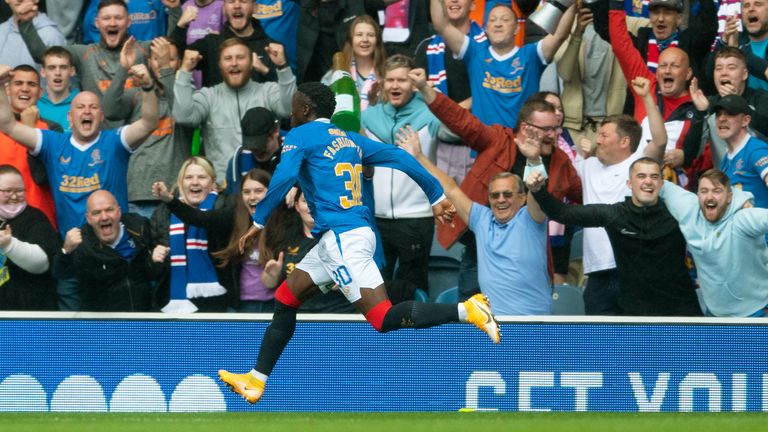 Rangers' Fashion Sakala scores the opener during a Premiership match between Rangers and Motherwell