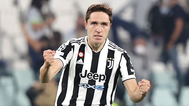 Juventus&#39; Federico Chiesa celebrates scoring their side&#39;s first goal of the game during the UEFA Champions League, Group H match at Allianz Stadium, Turin. Picture date: Wednesday September 29, 2021