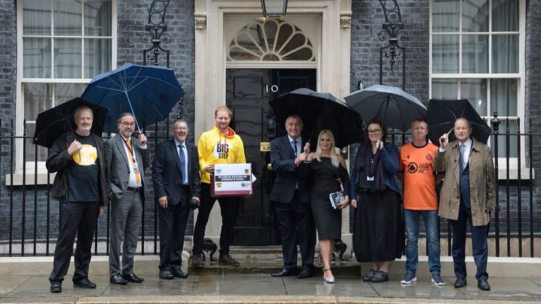Peter Shilton and his wife Steph joined campaigners, including bereaved families who have lost loved ones to gambling-related suicide, to hand a petition in at 10 Downing Street.. 