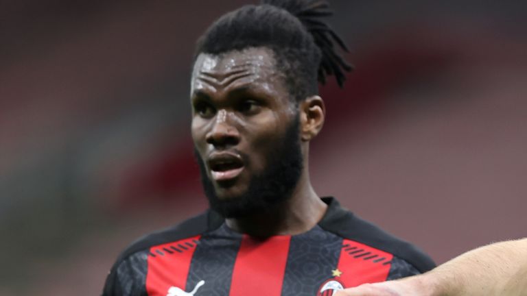 AC Milan&#39;s Franck Kessie (left) and Manchester United&#39;s Harry Maguire during the UEFA Europa League Round of Sixteen match at the San Siro Stadium in Milan, Italy. Picture date: Thursday March 18, 2021.