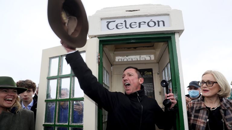 Frankie Dettori poses in the famous phonebox at Bellewstown ahead of the Barney Curley memorial race