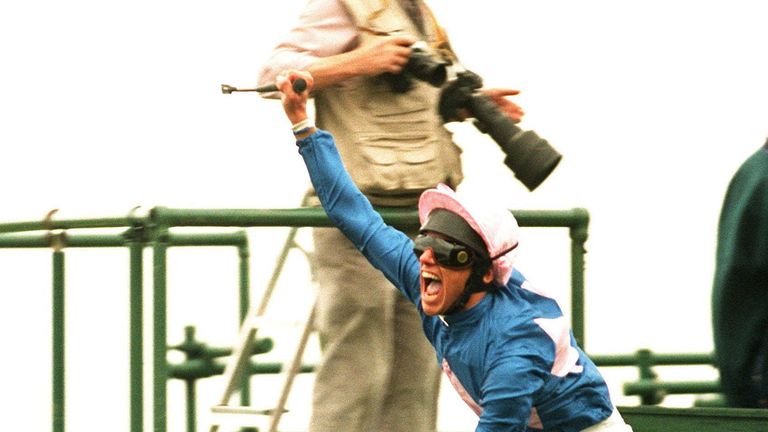 Frankie Dettori crosses the line on Fujiyama Crest at Ascot in 1996