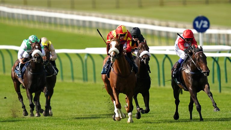 Gale Force Maya (yellow and red) wins at Newmarket in the Premier Fillies' Handicap