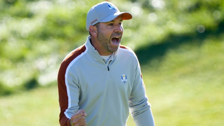 Team Europe&#39;s Sergio Garcia reacts after chipping in on the ninth hole during a foursomes match the Ryder Cup at the Whistling Straits Golf Course Saturday, Sept. 25, 2021, in Sheboygan, Wis. (AP Photo/Charlie Neibergall)